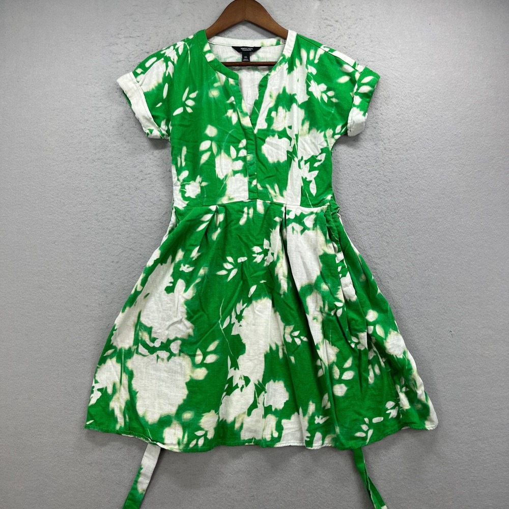 Simply Vera Vera Wang Fit & Flare Dress Womens XS Green White Floral Linen Blend